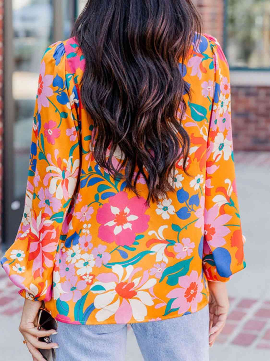 swvws Floral Print Collared Neck Lantern Sleeve  Shirt