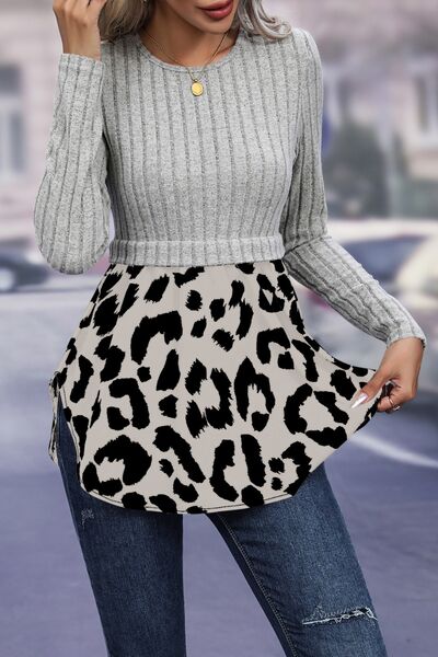 swvws Leopard Peplum Round Neck Blouse