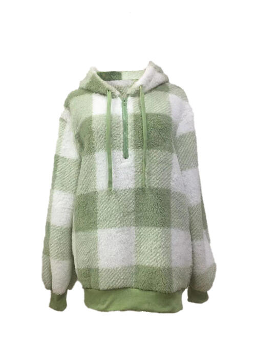 swvws Plaid Half Zip Drawstring Hoodie