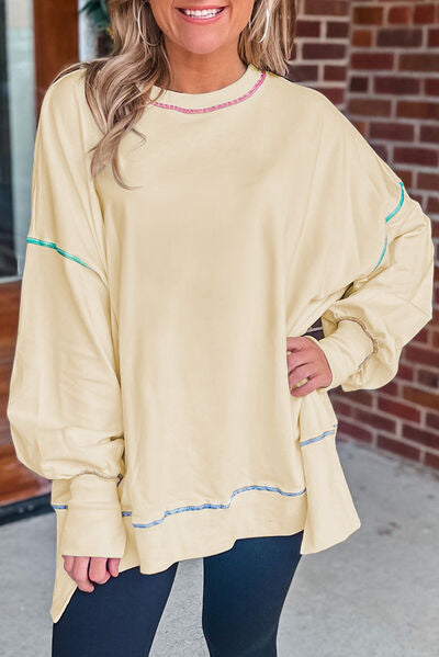 swvws Slit Round Neck Lantern Sleeve Sweatshirt