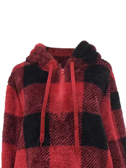 swvws Plaid Half Zip Drawstring Hoodie