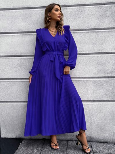 swvws Pleated Surplice Tie Waist Maxi Dress