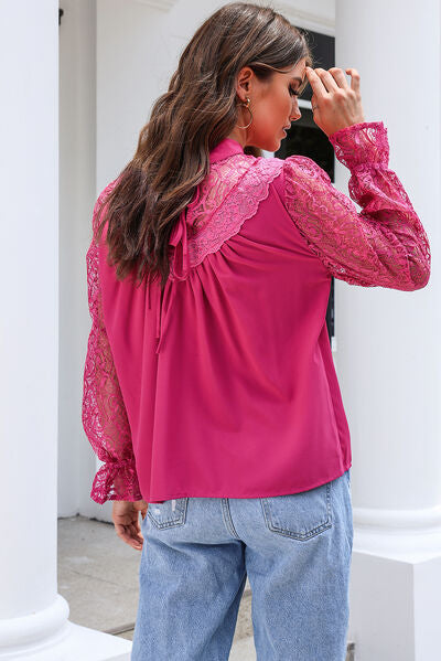 swvws Lace Detail Mock Neck Flounce Sleeve Blouse