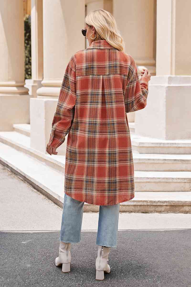 swvws Plaid Collared Neck Long Sleeve Coat