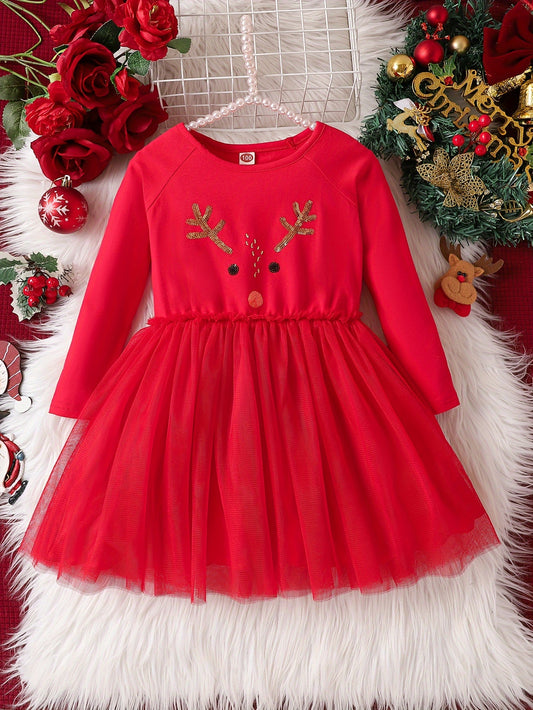 Girls Cute & Stunning Long Sleeve Sequin Deer Pattern Mesh Tutu Dress For Spring & Fall As Christmas Gifts