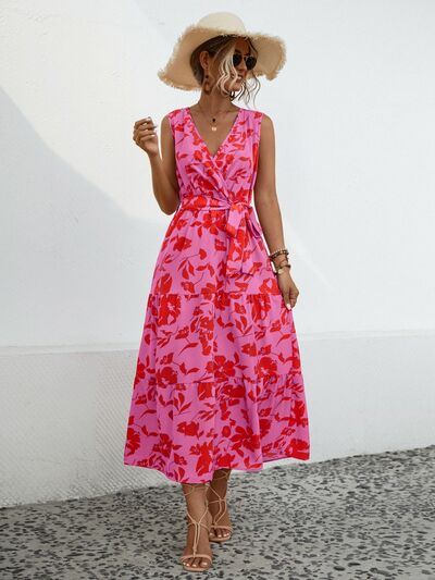 swvws Tied Printed Surplice Tiered Dress