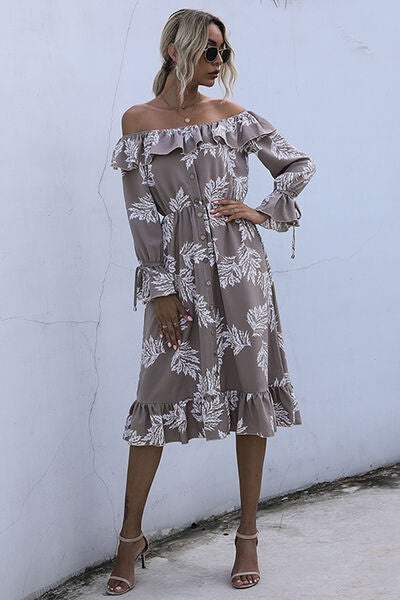 swvws Ruffled Printed Off-Shoulder Midi Dress