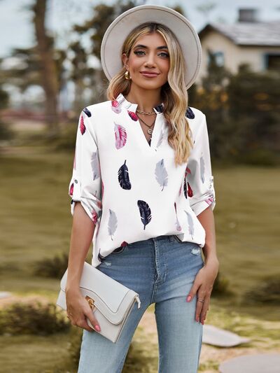 swvws Printed Frill Notched Roll-Tab Sleeve Blouse