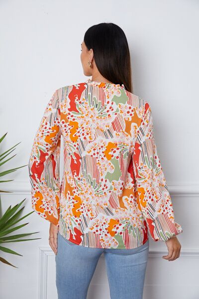 swvws Floral Frill Notched Long Sleeve Blouse