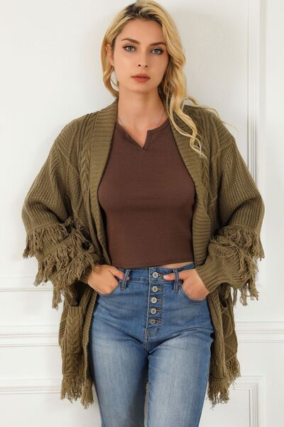 swvws Cable-Knit Fringe Pocketed Cardigan