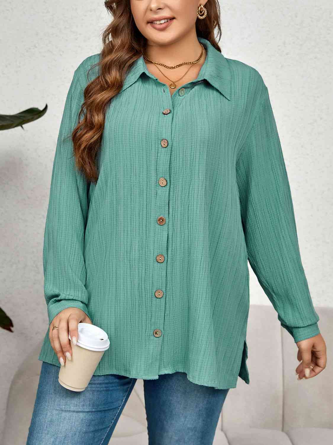 swvws Plus Size Collared Neck Long Sleeve Shirt