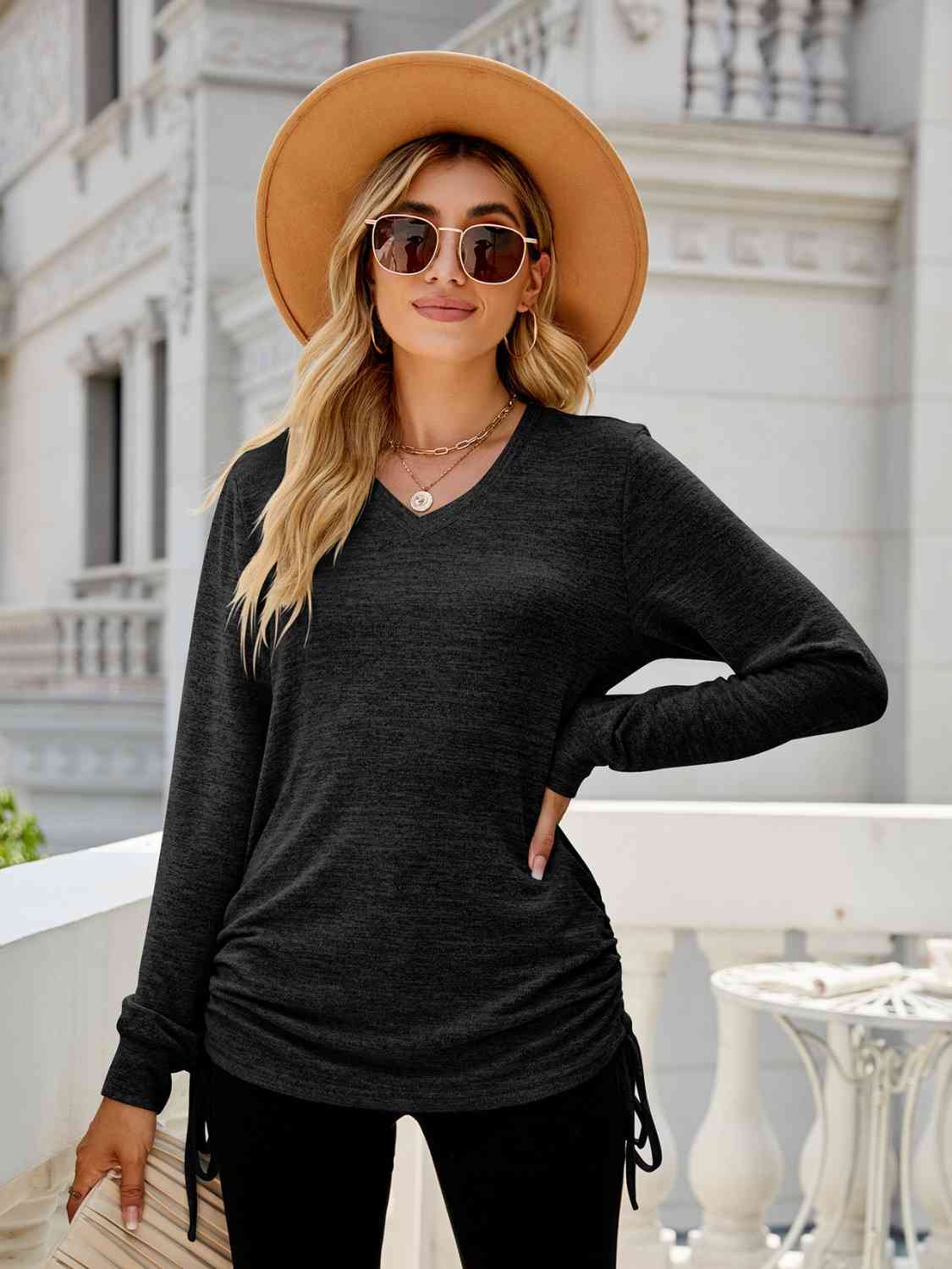 swvws Drawstring V-Neck Long Sleeve T-Shirt