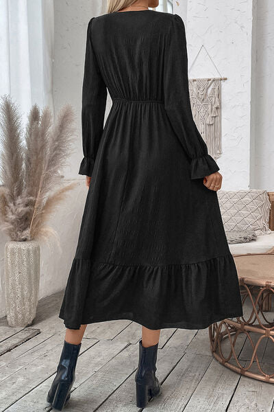 swvws Smocked Surplice Flounce Sleeve Midi Dress