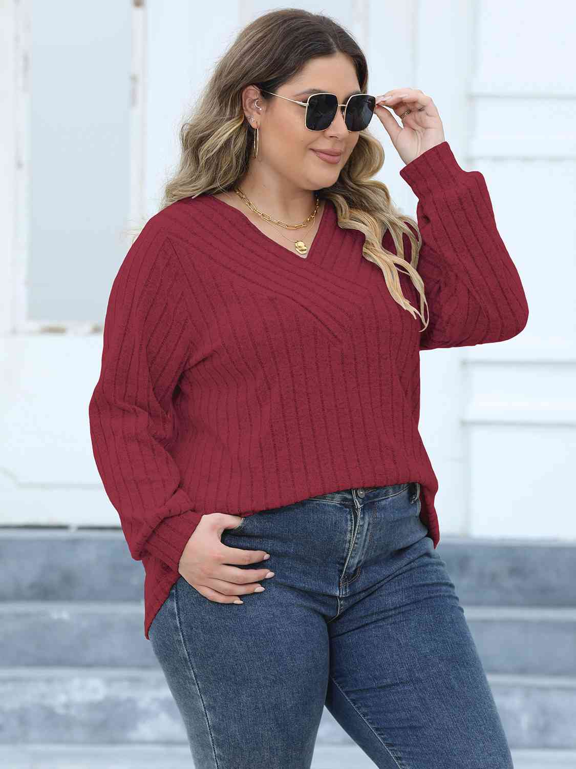 swvws Plus Size Ribbed V-Neck Long Sleeve Top