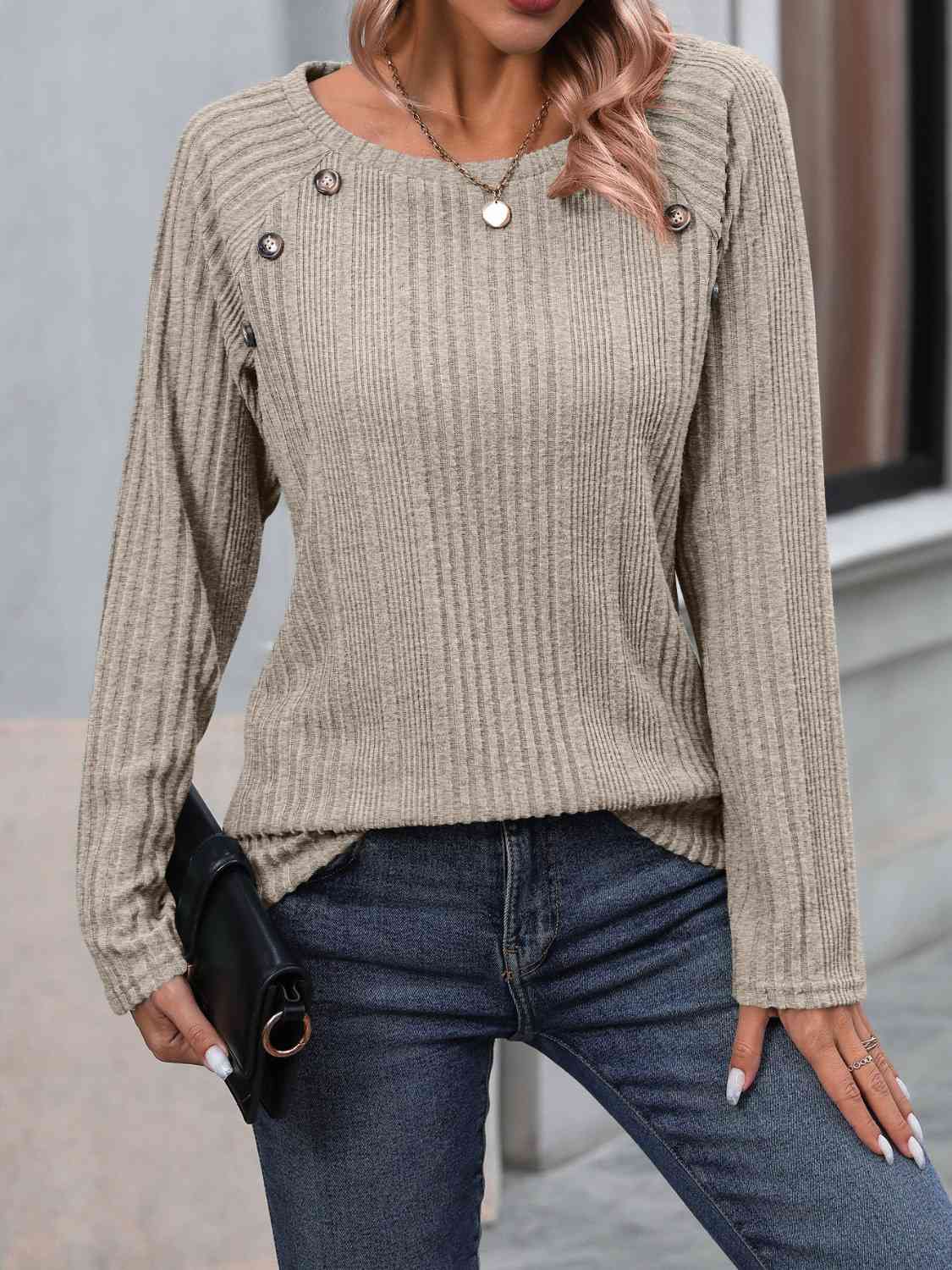 swvws Ribbed Buttoned Round Neck Long Sleeve T-Shirt