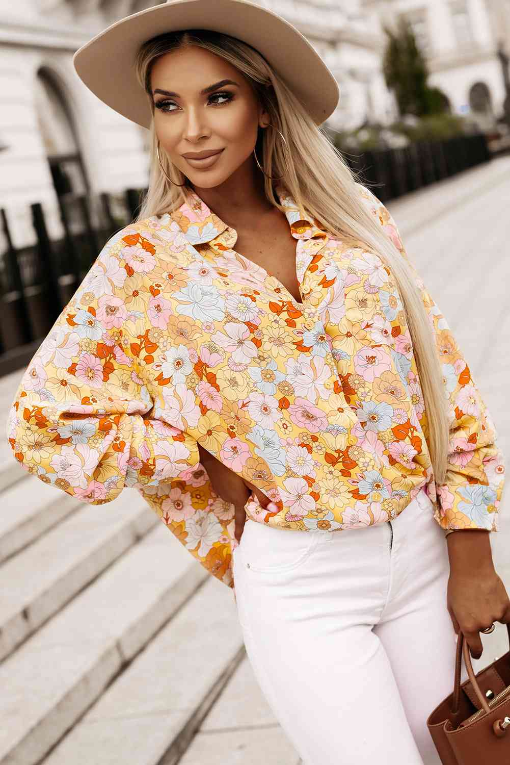 swvws Floral Collared Neck Long Sleeve Shirt