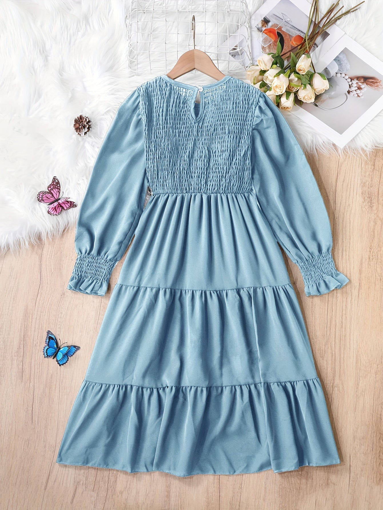 Chic Casual Girls' Summer Dress - Durable Fit & Flare Style with Shirred Detail, Ideal for Parties & Outdoors