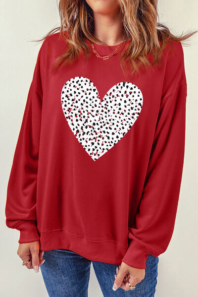 swvws Heart Round Neck Dropped Shoulder Sweatshirt