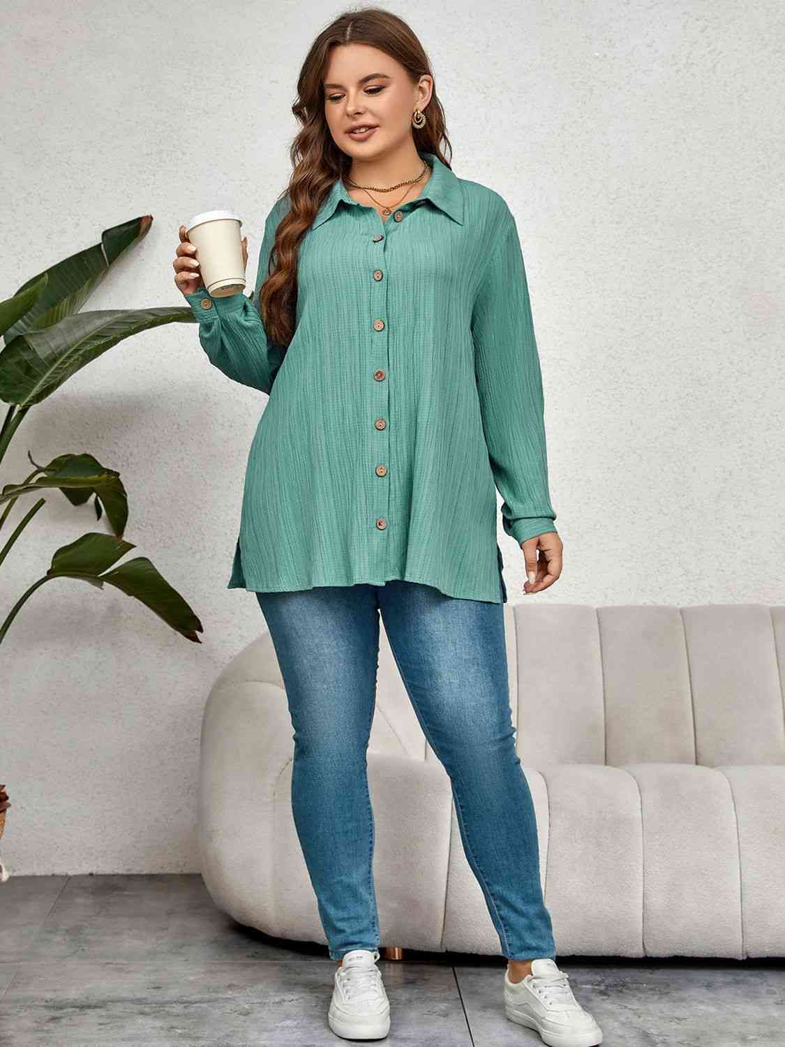 swvws Plus Size Collared Neck Long Sleeve Shirt