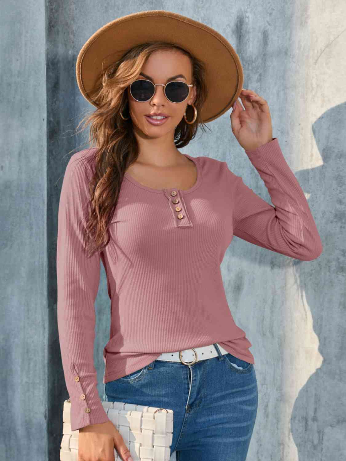 swvws Buttoned Round Neck Long Sleeve T-Shirt