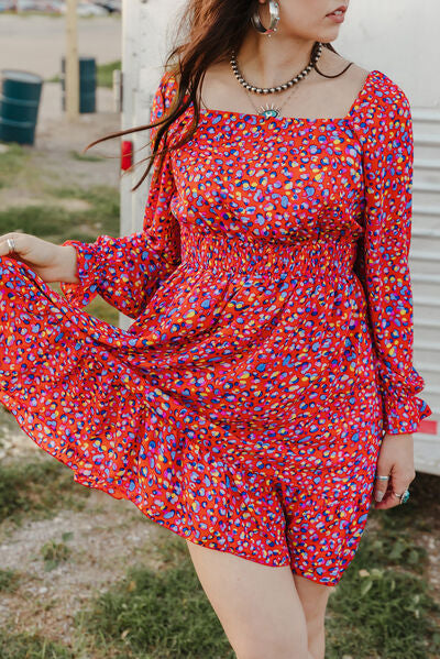 swvws Printed Smocked Flounce Sleeve Dress