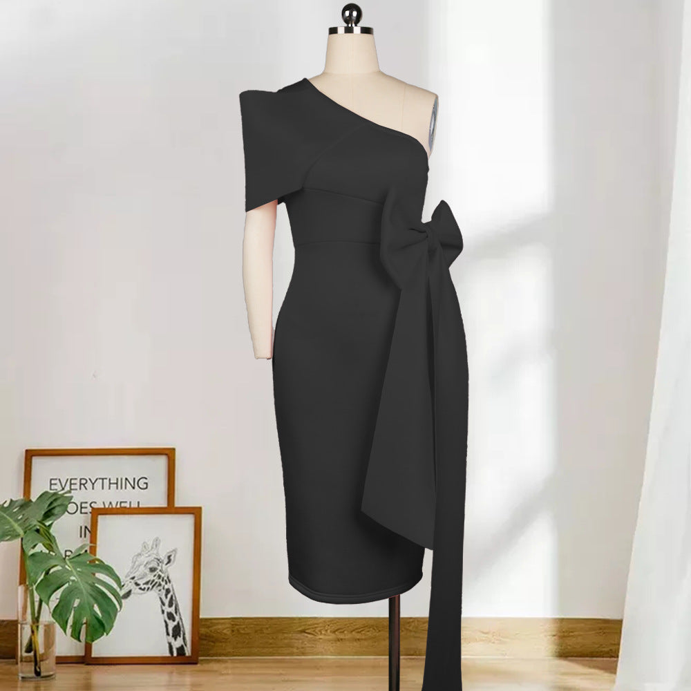 SWVWS Sexy One-Shoulder Bow Hip Skirt High Waist plus Size Slim Fit Pencil Skirt Women's Clothing Dress Dress