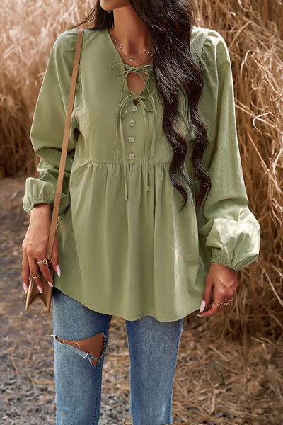 swvws Tied Decorative Button Balloon Sleeve Blouse