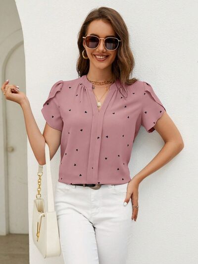 swvws Heart Print Notched Petal Sleeve Blouse