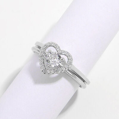 swvws 2 Piece Heart Shape Zircon 925 Sterling Silver Ring