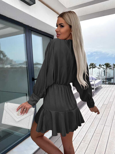 swvws Surplice Ruffle Hem Lantern Sleeve Mini Dress