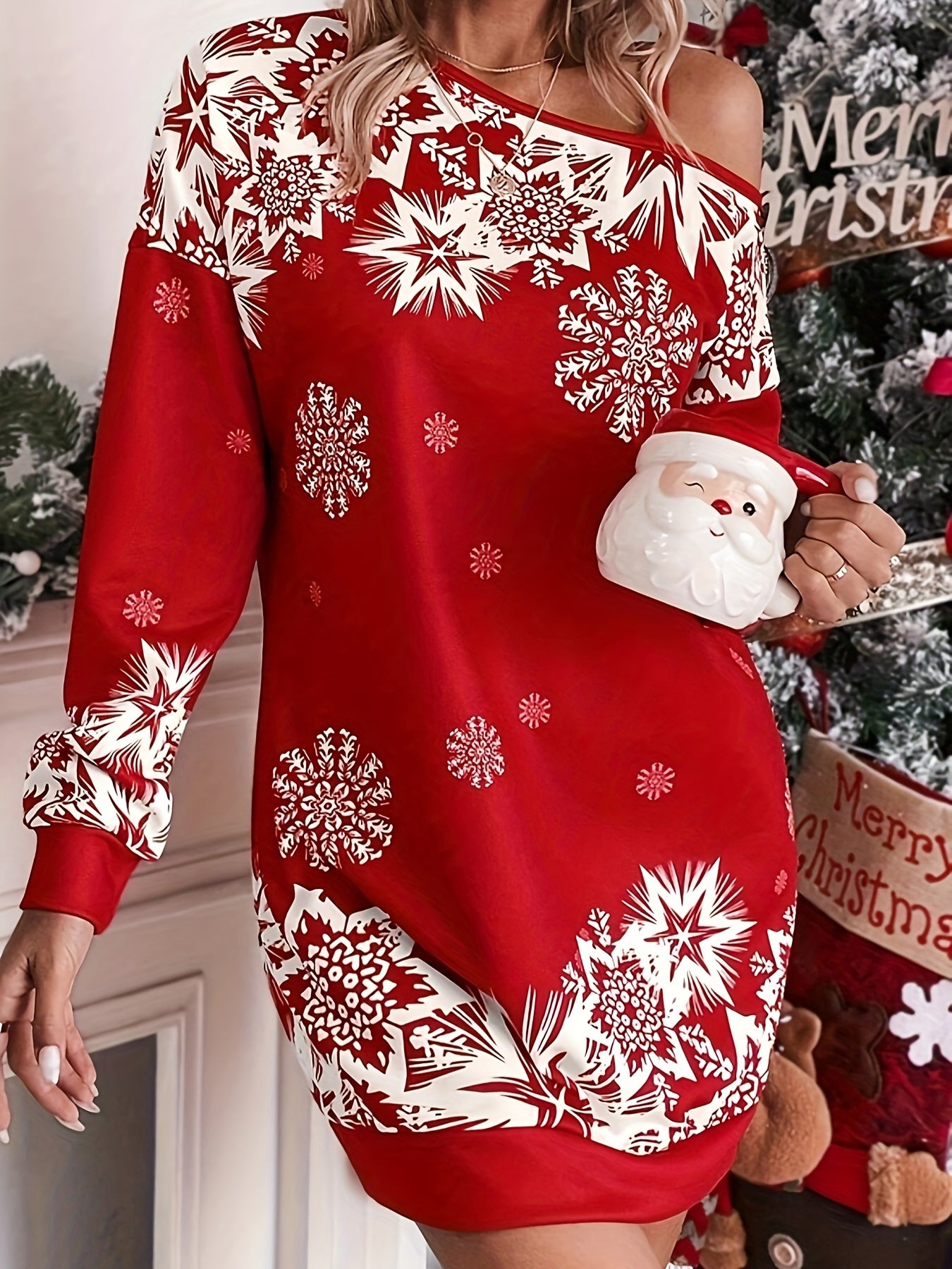 Festive Off-the-Shoulder Snowflake Dress - Women's Casual Polyester Knit One-Shoulder Sleeve Dress for Spring/Fall, Holiday Party, Festive Occasions - Easy to Wear, Comfortable, Relaxed Fit