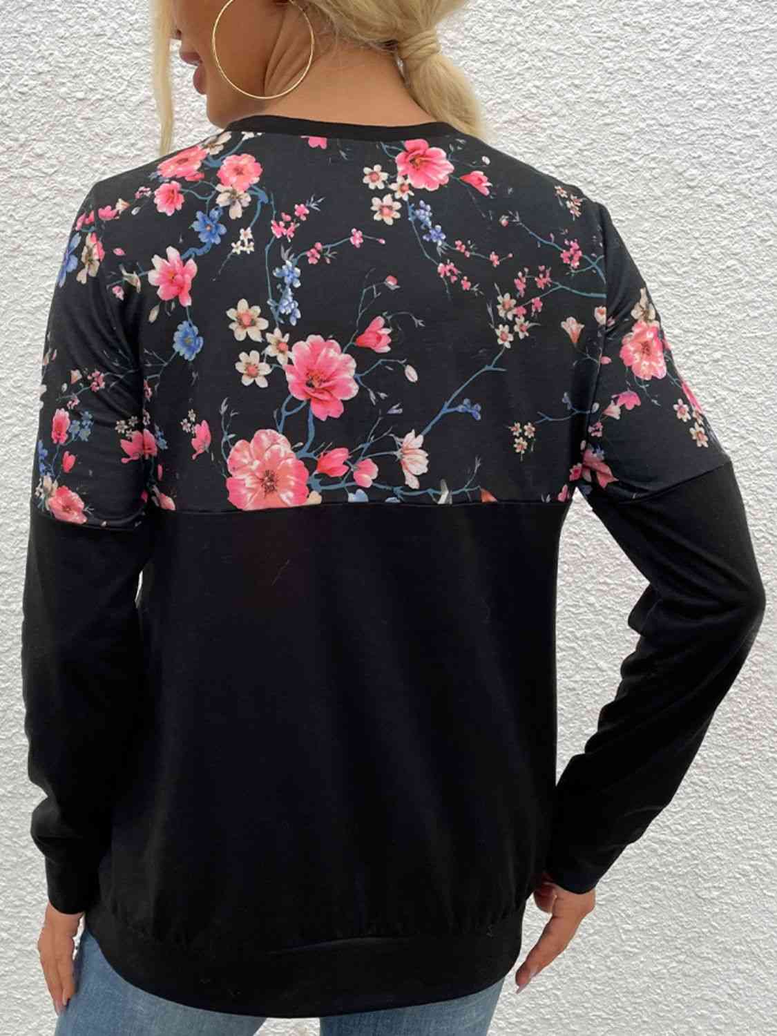 swvws Floral Print Round Neck Dropped Shoulder Tee