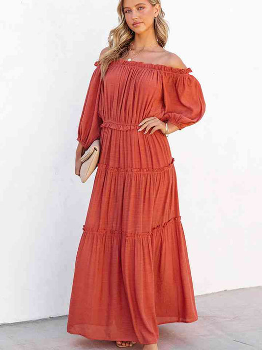 swvws Ruffle Trim Off Shoulder Long Sleeve Maxi Dress