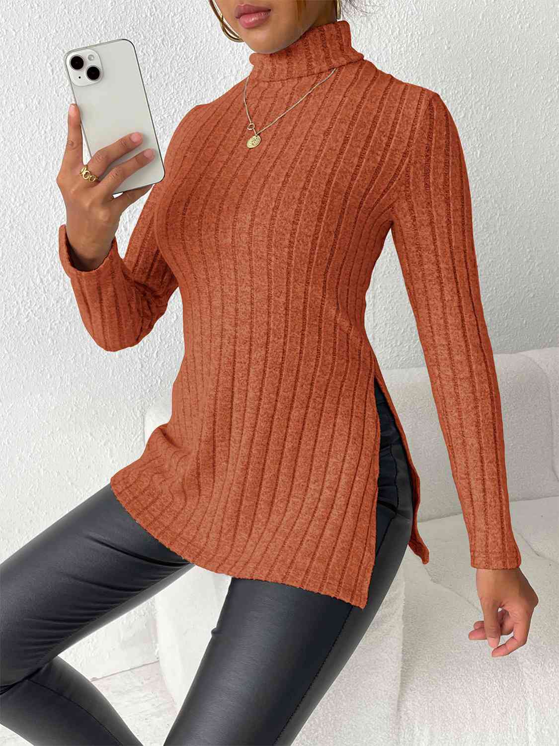 swvws Ribbed Turtleneck Long Sleeve Slit T-Shirt