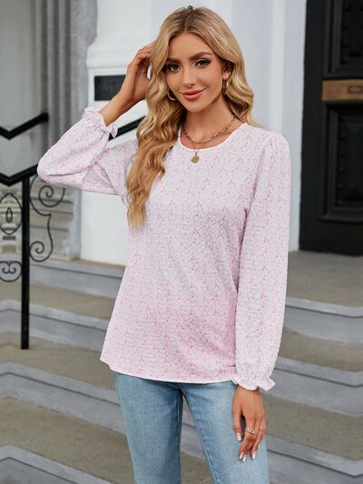 swvws Printed Round Neck Flounce Sleeve Blouse