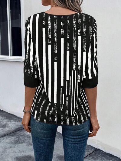 swvws Striped Notched Half Sleeve Blouse