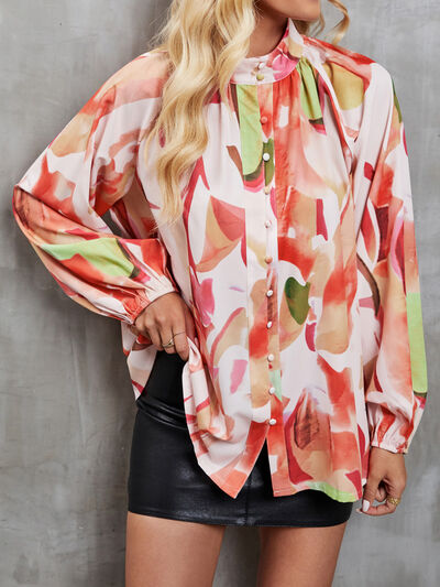 swvws Printed Mock Neck Balloon Sleeve Shirt