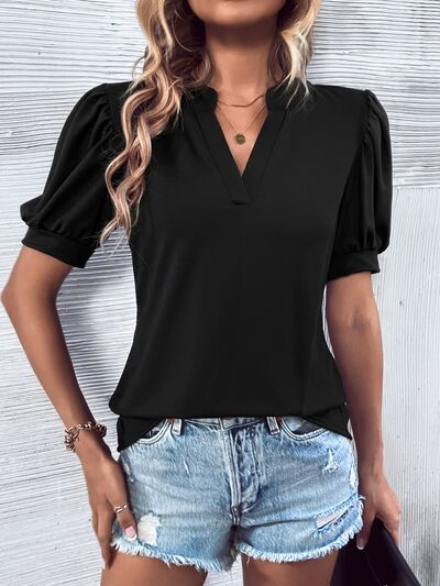 swvws Notched Puff Sleeve Blouse