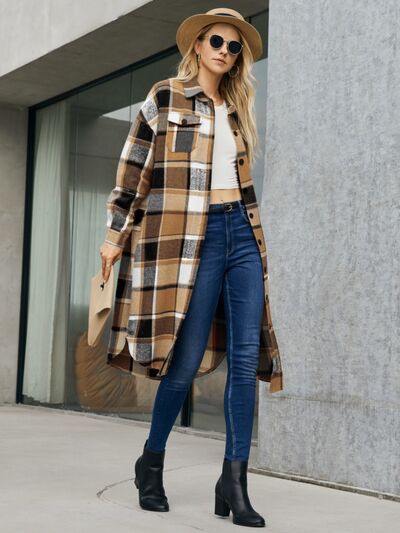 swvws Plaid Pocketed Button Up Trench Coat