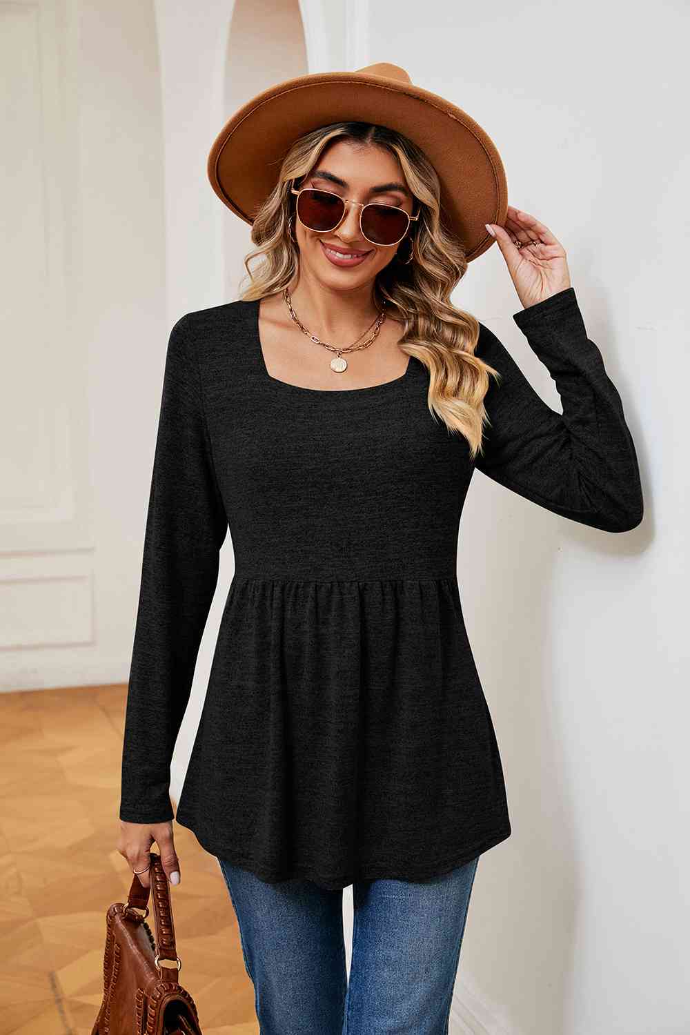 swvws Square Neck Long Sleeve Peplum Top