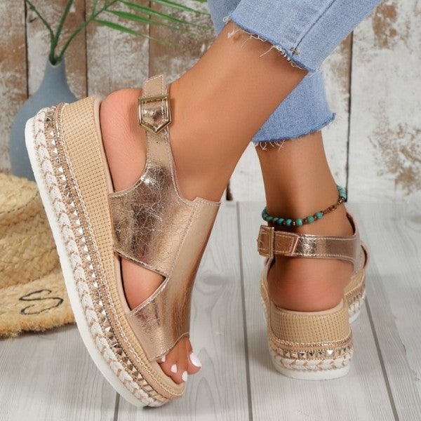 swvws - Gold Casual Hollowed Out Patchwork Fish Mouth Out Door Wedges Shoes (Heel Height 1.97in)