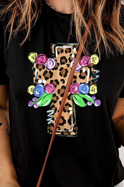 swvws Leopard Cross Graphic Round Neck Short Sleeve T-Shirt