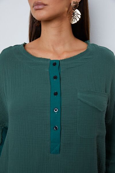 swvws Half Button Up Round Neck Blouse