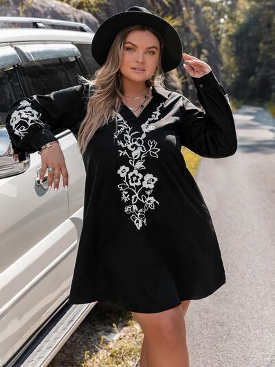 swvws Plus Size Embroidered Long Sleeve Mini Dress