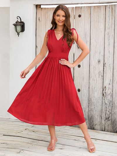 swvws Pleated V-Neck Sleeveless Midi Dress