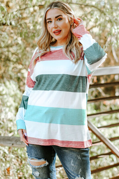 swvws Plus Size Striped Slit Long Sleeve T-Shirt