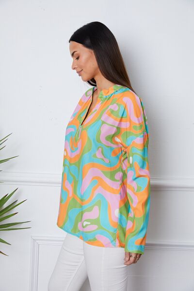 swvws Printed Notched Long Sleeve Blouse