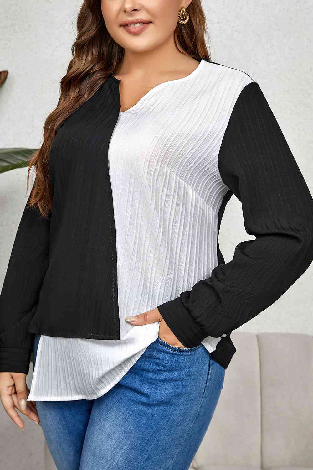 swvws Plus Size Contrast Asymmetrical Long Sleeve Top