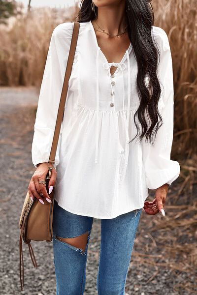 swvws Tied Decorative Button Balloon Sleeve Blouse