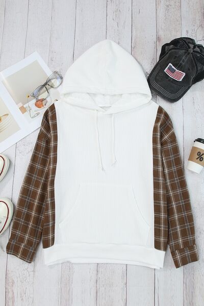 swvws Plaid Waffle-Knit Drawstring Kangaroo Pocket Hoodie